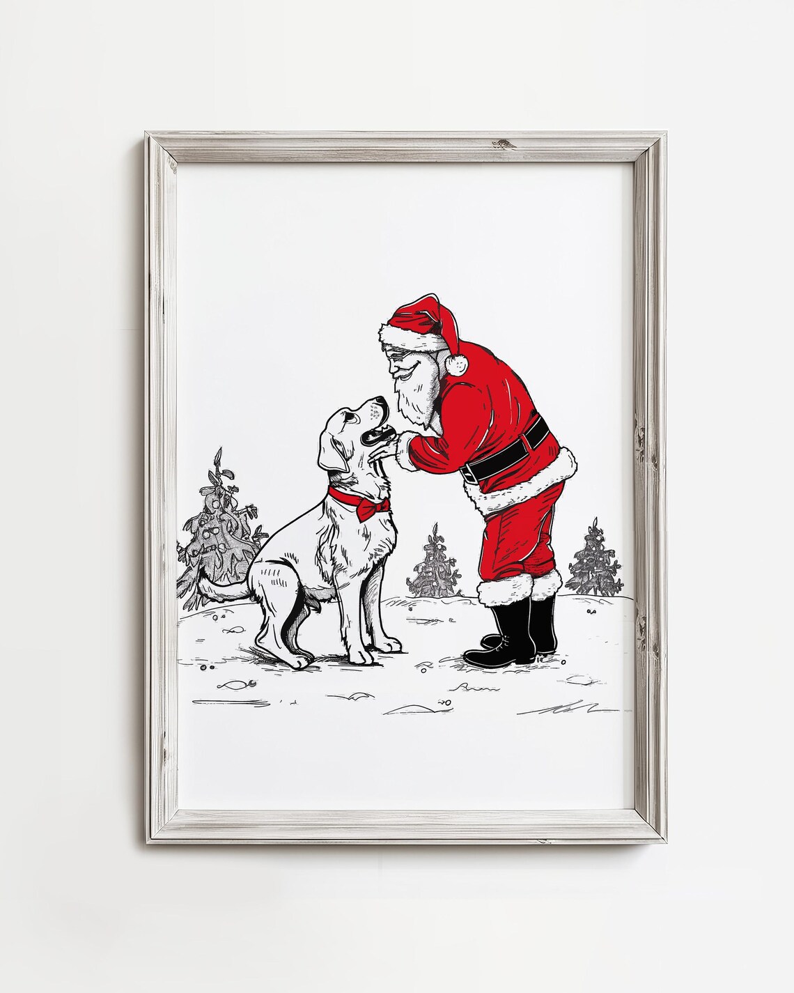 Santa Claus Petting Golden Dog Christmas Sketch Holiday Poster