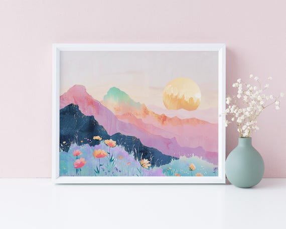 Dreamy Full Moon Mountain Painting Colorful Pink Orange Pastel Watercolor Artwork Nature Landscape Wall Decor