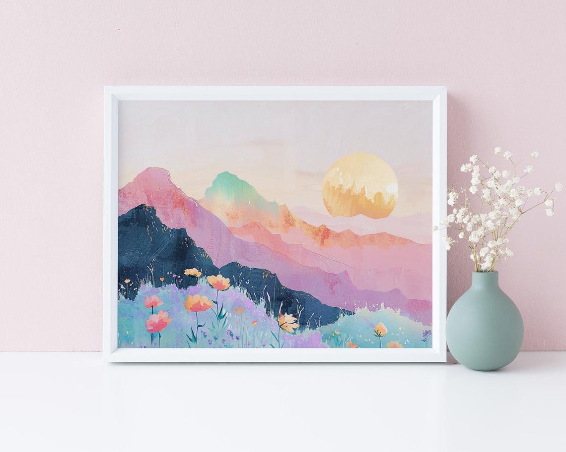 Dreamy Pastel Mountains Golden Moon Floral Meadow Art Poster