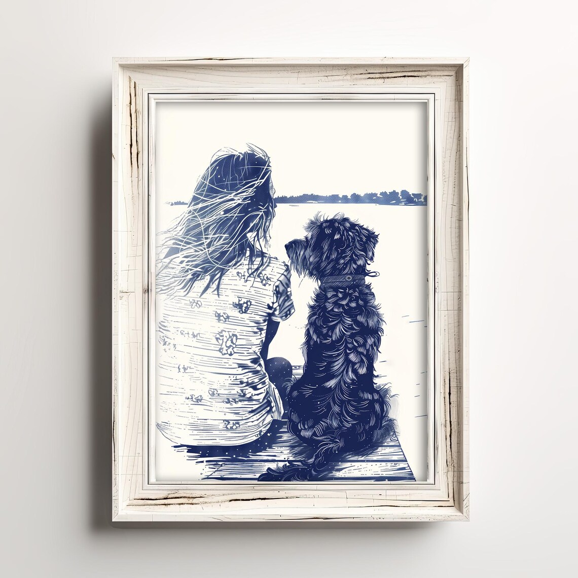 Girl And Doodle Dog On Dock Navy Line Art Lake Sunset Poster