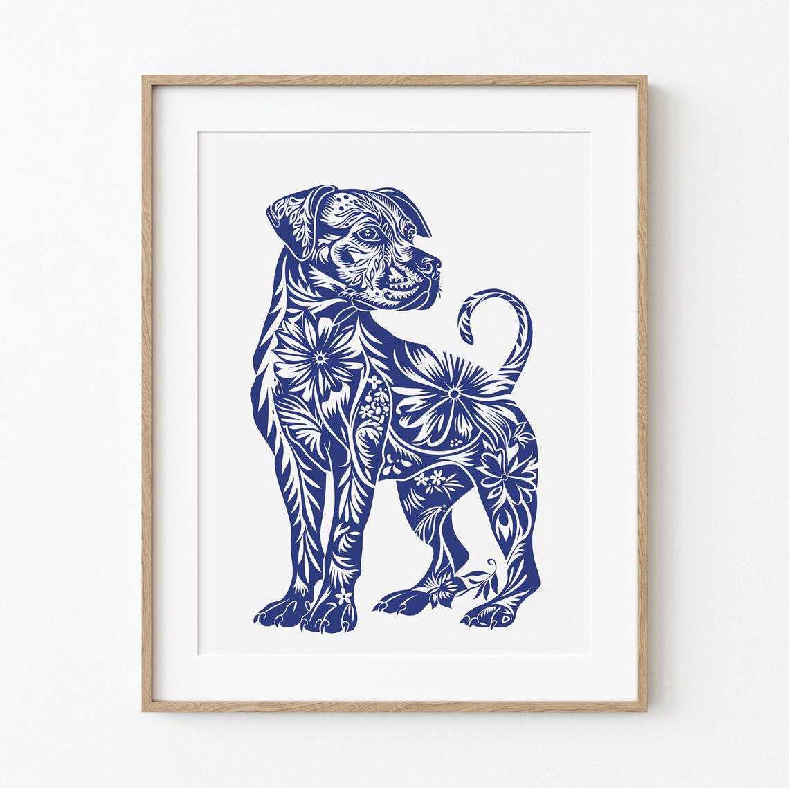 Blue and White Floral Puppy Standing Silhouette Folk Art Poster