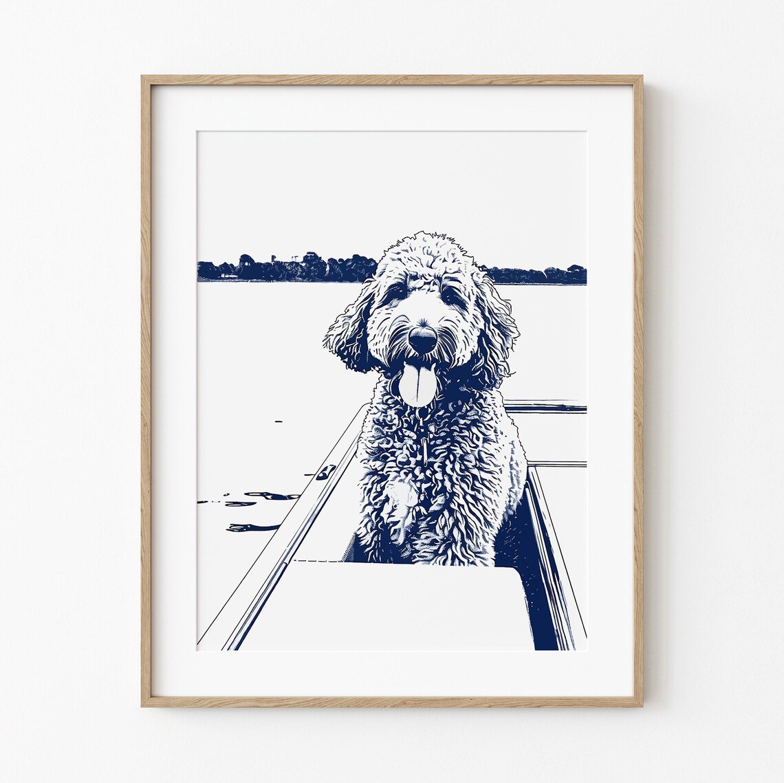 Happy Doodle Dog On Boat Navy Blue Lake Sketch Beach Art Poster