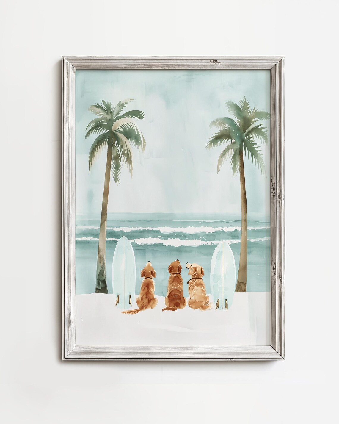 Surfing Dog Paradise Found, Coastal Watercolor Art Print