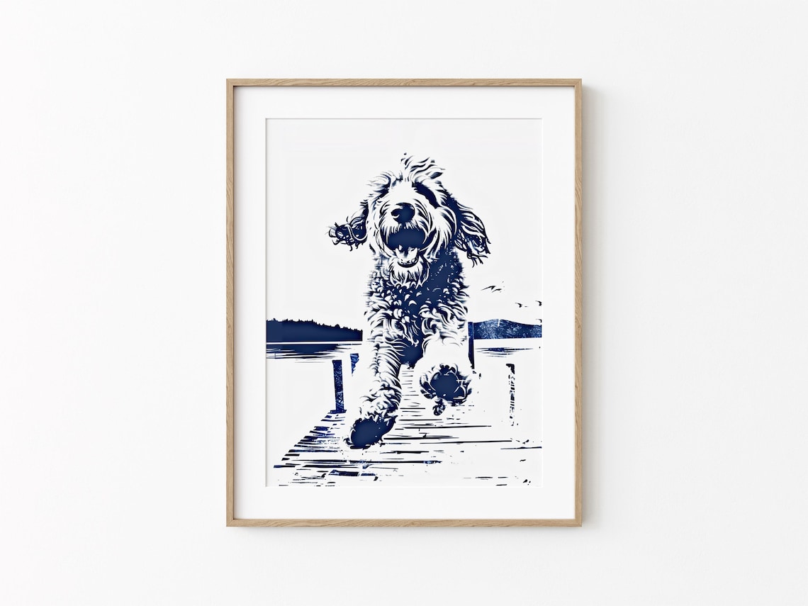 Happy Doodle Running Water Dog Sketch Art Print