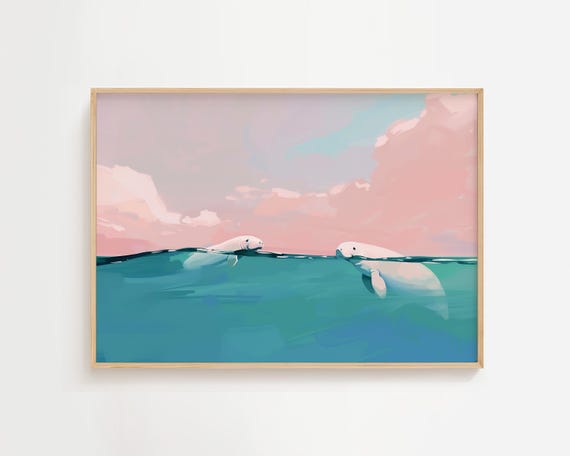 Manatees Cresting Sea Life Coastal Art Print