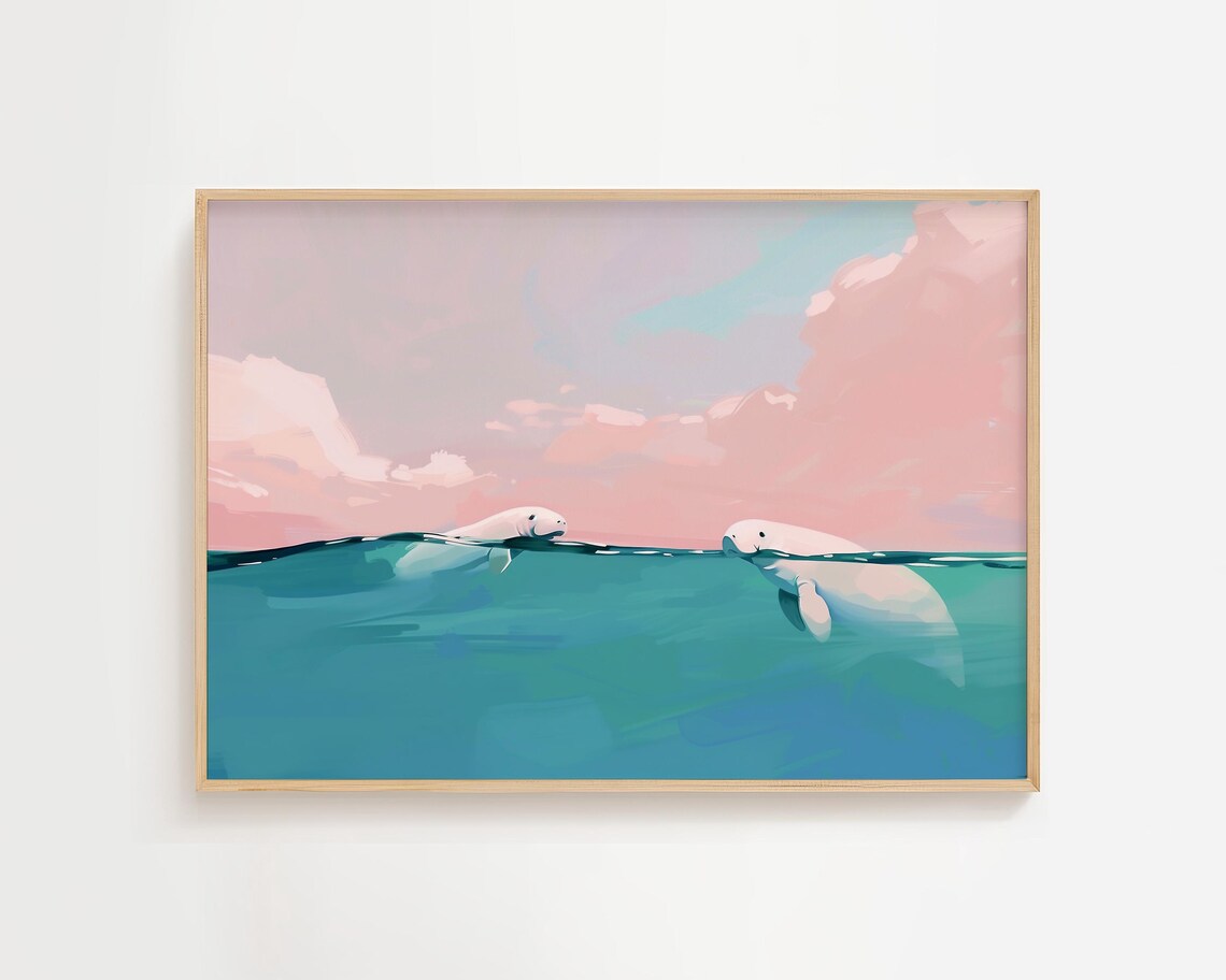 Manatees Cresting Sea Life Coastal Art Print