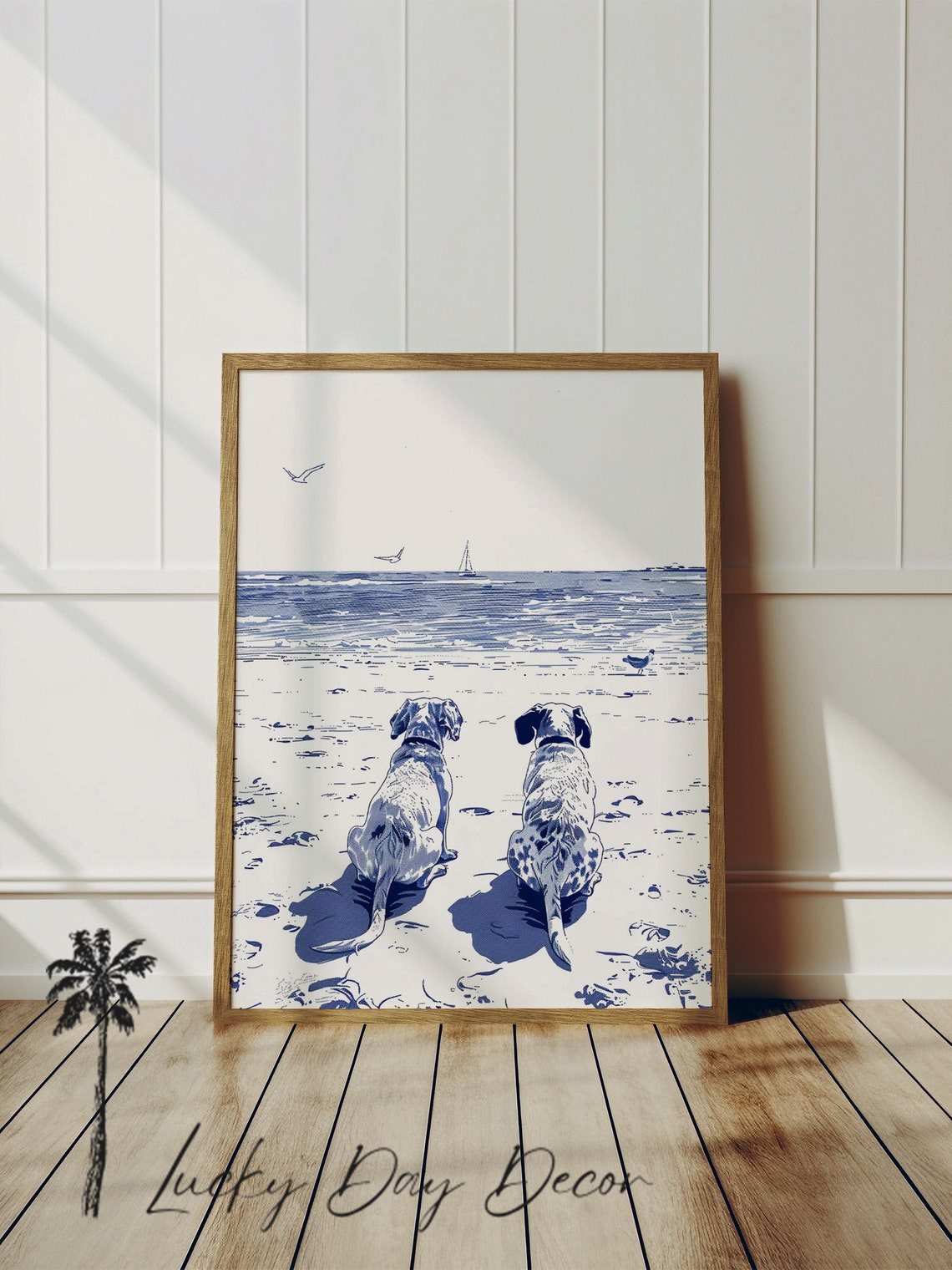 Two Dogs Watching Ocean Blue Coastal Line Art Beach Lovers Dog Poster