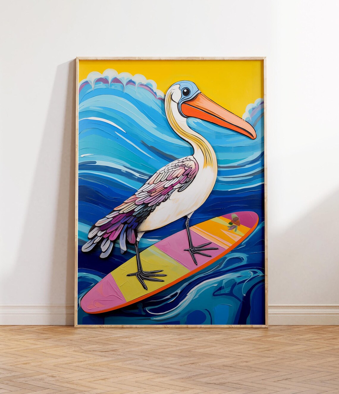Whimsical Pelican Surfing Tropical Bird Art Print