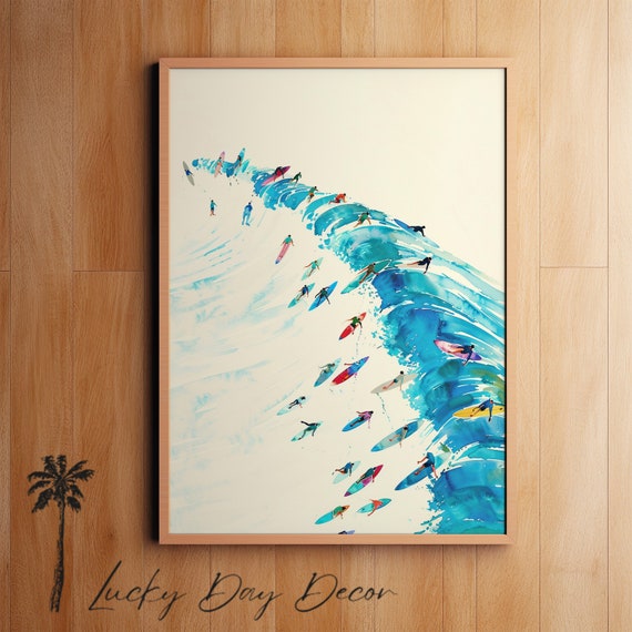 Sea Shores Macking Wave Watercolor Art Vintage Retro Beach Inspired Oceanside Print Trendy Preppy Imagery Surf Home