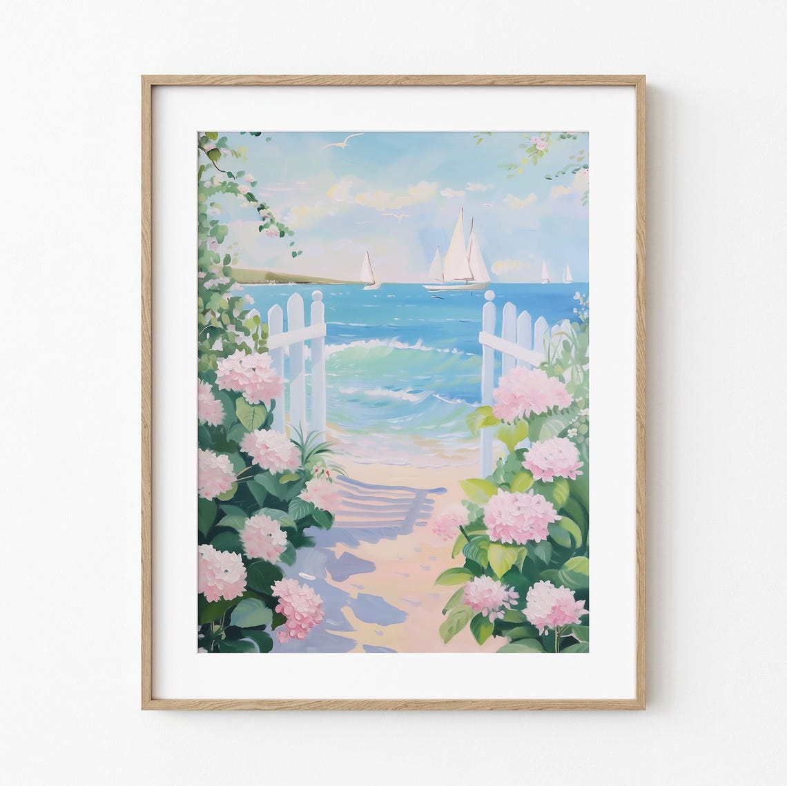 Beach Path Picket Gate Pink Hydrangeas Sailboats Pastel Print