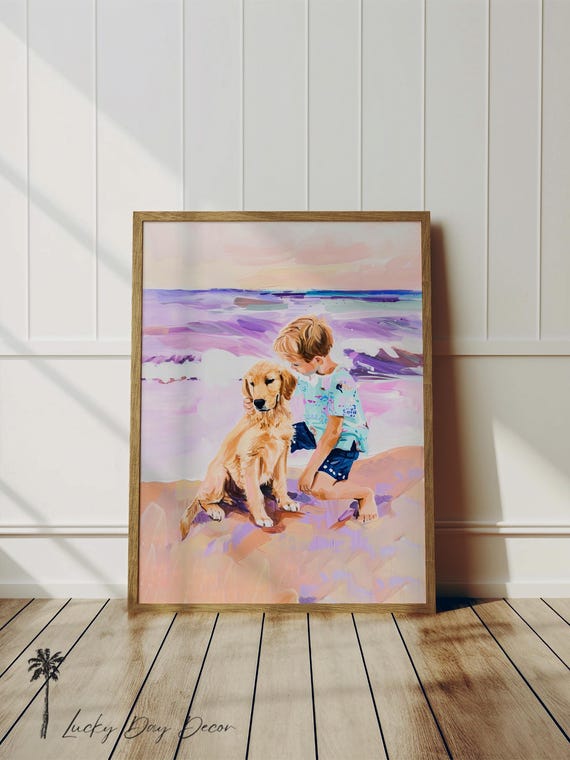 Boy Puppy Best Friends Golden Retriever Art Print