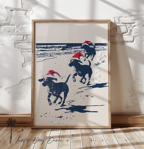 Three Dogs In Santa Hats Running On Beach Navy Christmas Coastal Art Poster