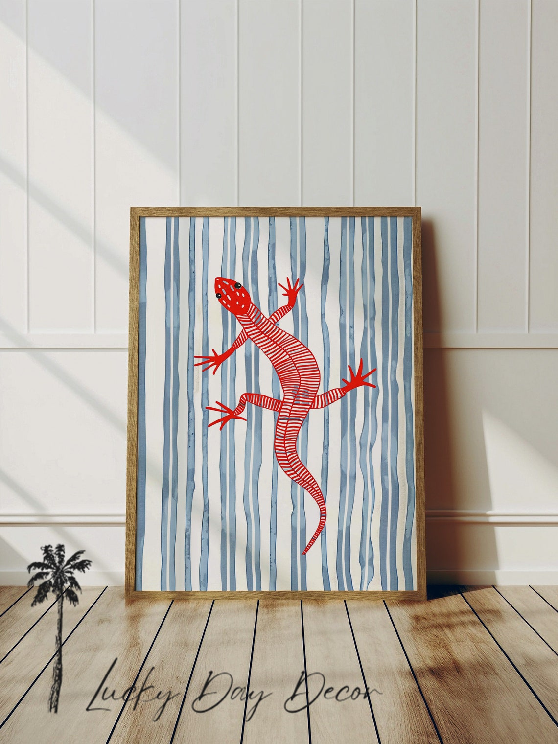 Red Lizard On Coastal Blue Sea Life Decor Bathroom Nursery Wall Art Inspired Beach Ocean Print Minimalist Trendy