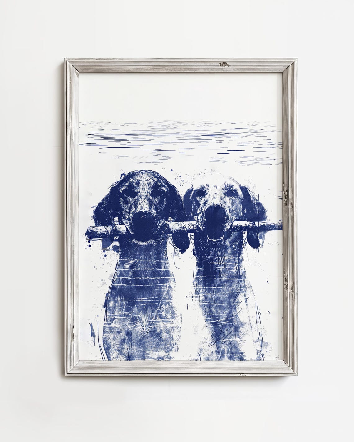 Two Dogs Sharing One Stick in Water Blue Ink Illustration Poster