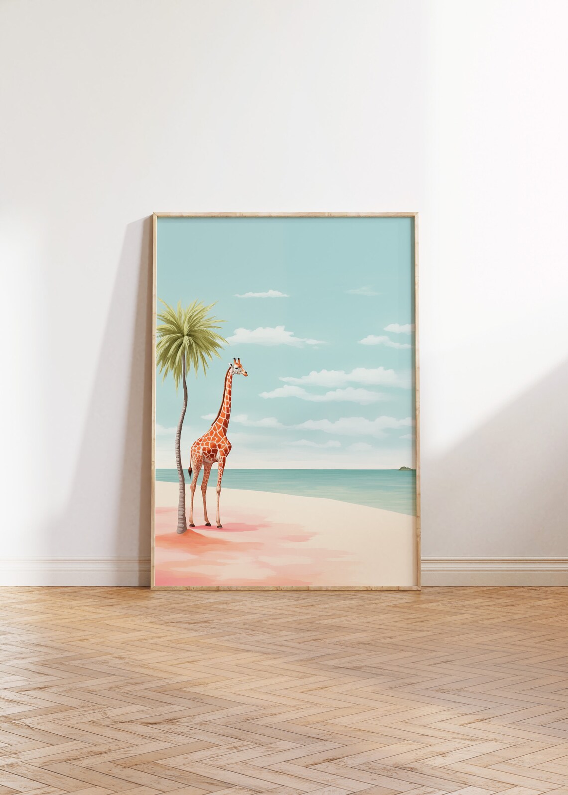 Giraffe On Beach Art Print, Tropical Island Decor