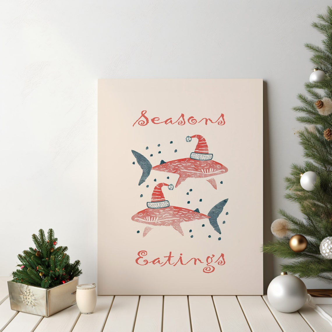Seasons Eatings Shark Santa Hat Christmas Coastal Holiday Wall Art