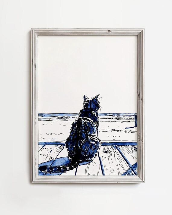 Black Cat Silhouette Walking Dock Over Water Navy Ink Art Poster