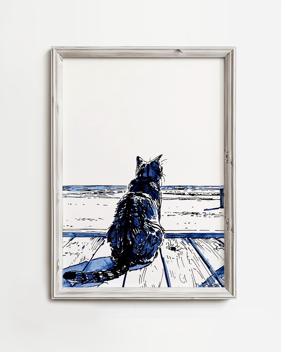 Black Cat Silhouette Walking Dock Over Water Navy Ink Art Poster