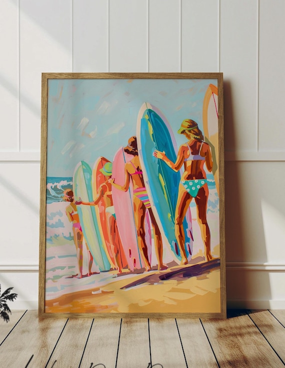 Vintage Surf Babes Carrying Colorful Boards Retro Beach Art Poster