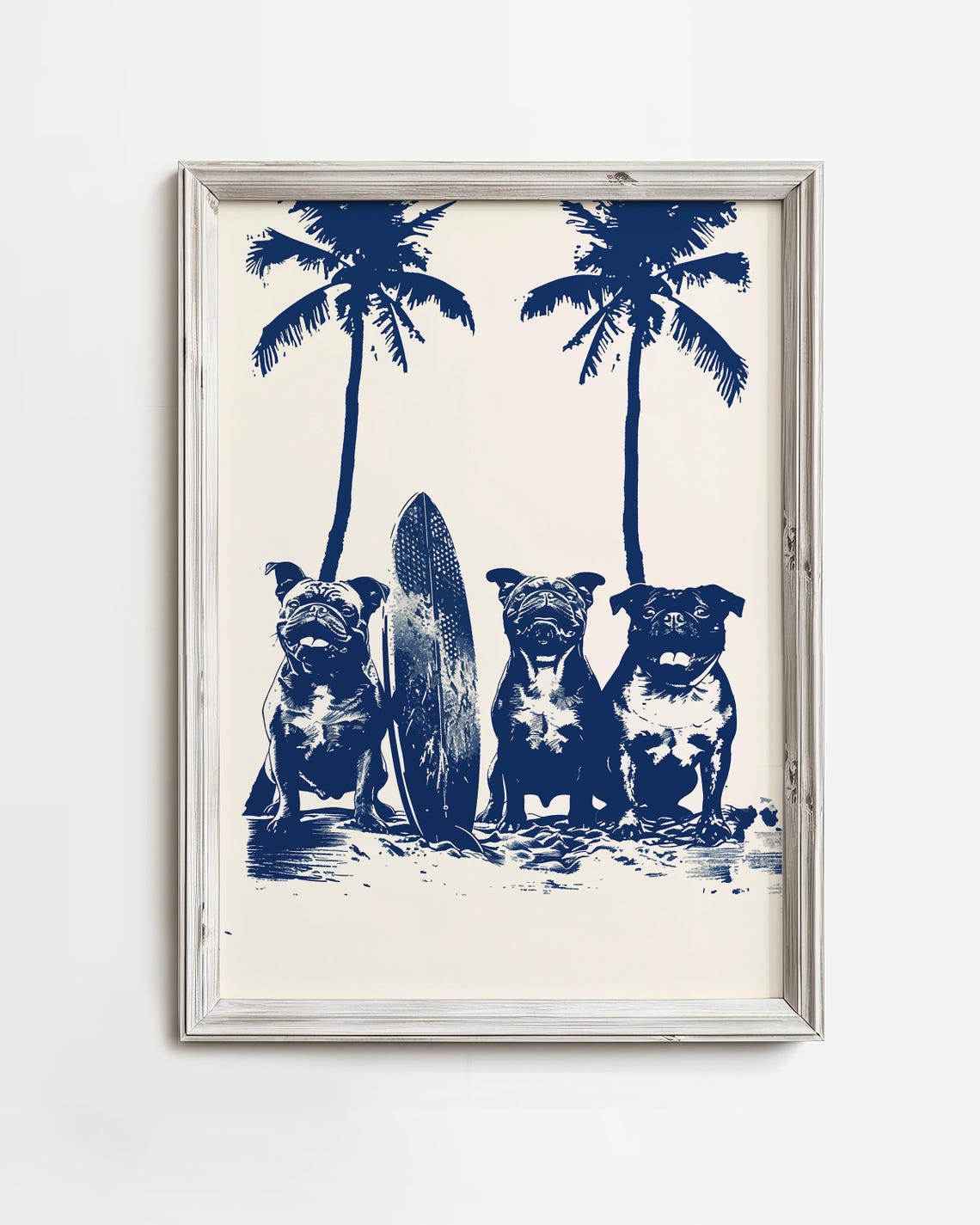 Three Pugs with Surfboard Palm Trees Navy Beach Summer Poster