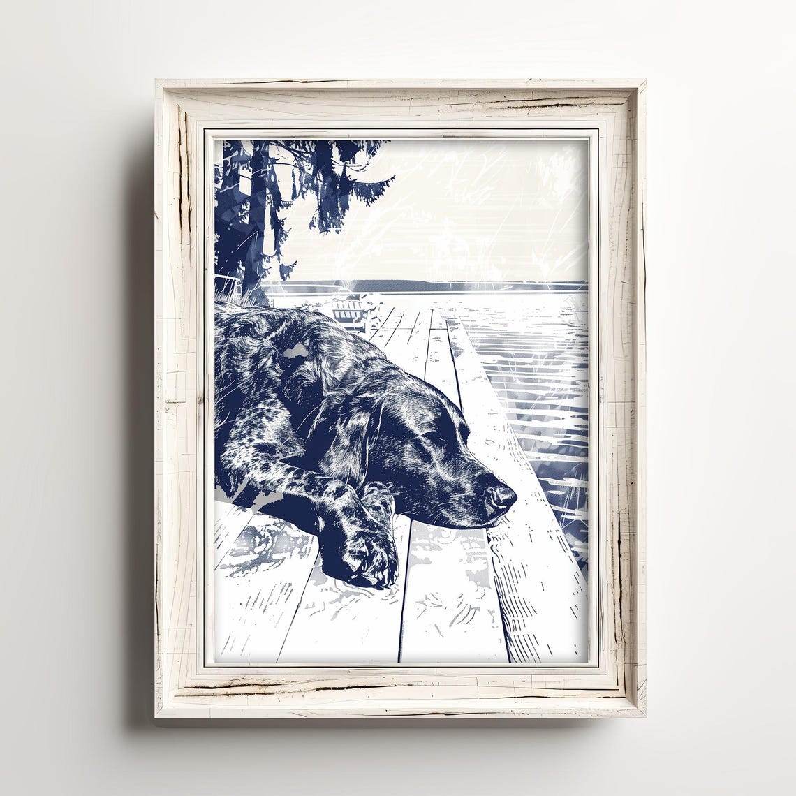 Black Dog Resting on Lakeside Dock Blue Ink Illustration Poster
