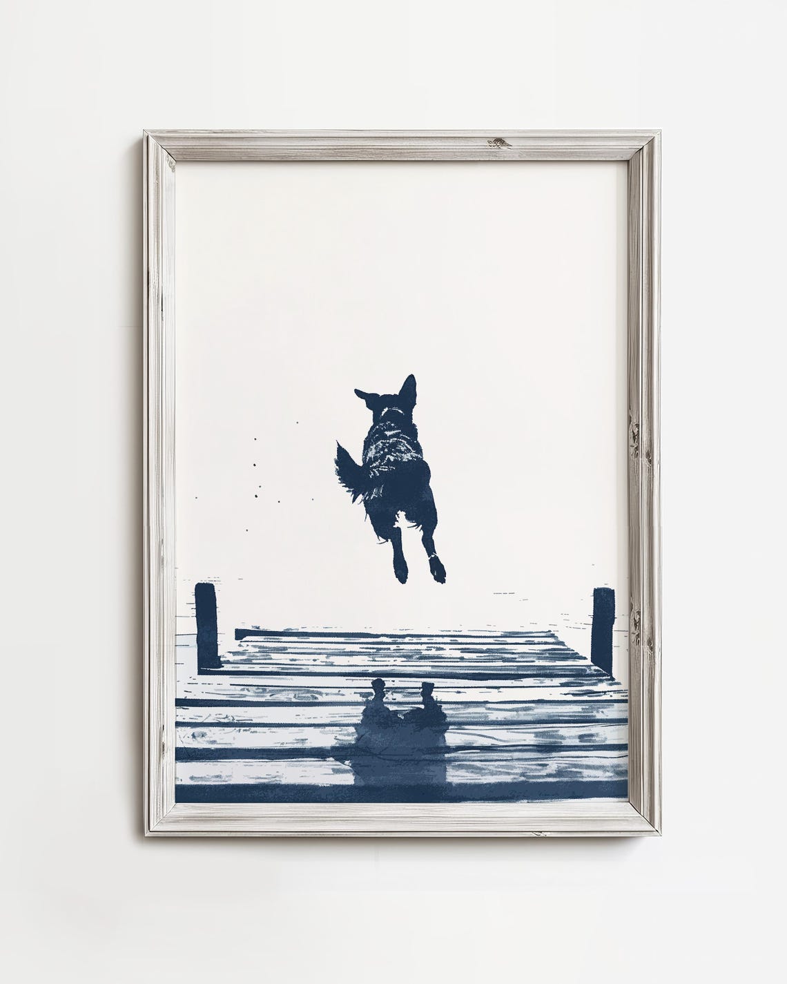 German Shepherd Dock Leap Navy Brushstroke Beach Dog Art Print
