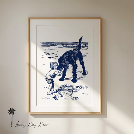 Happy Beach Dog Loving Coastal Day Nursery Room Wall Art Adorable Fun Print For Lovers Navy Blue Sketch