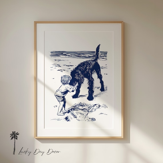 Happy Child Hugging Shaggy Dog On Beach Blue Line Coastal Poster