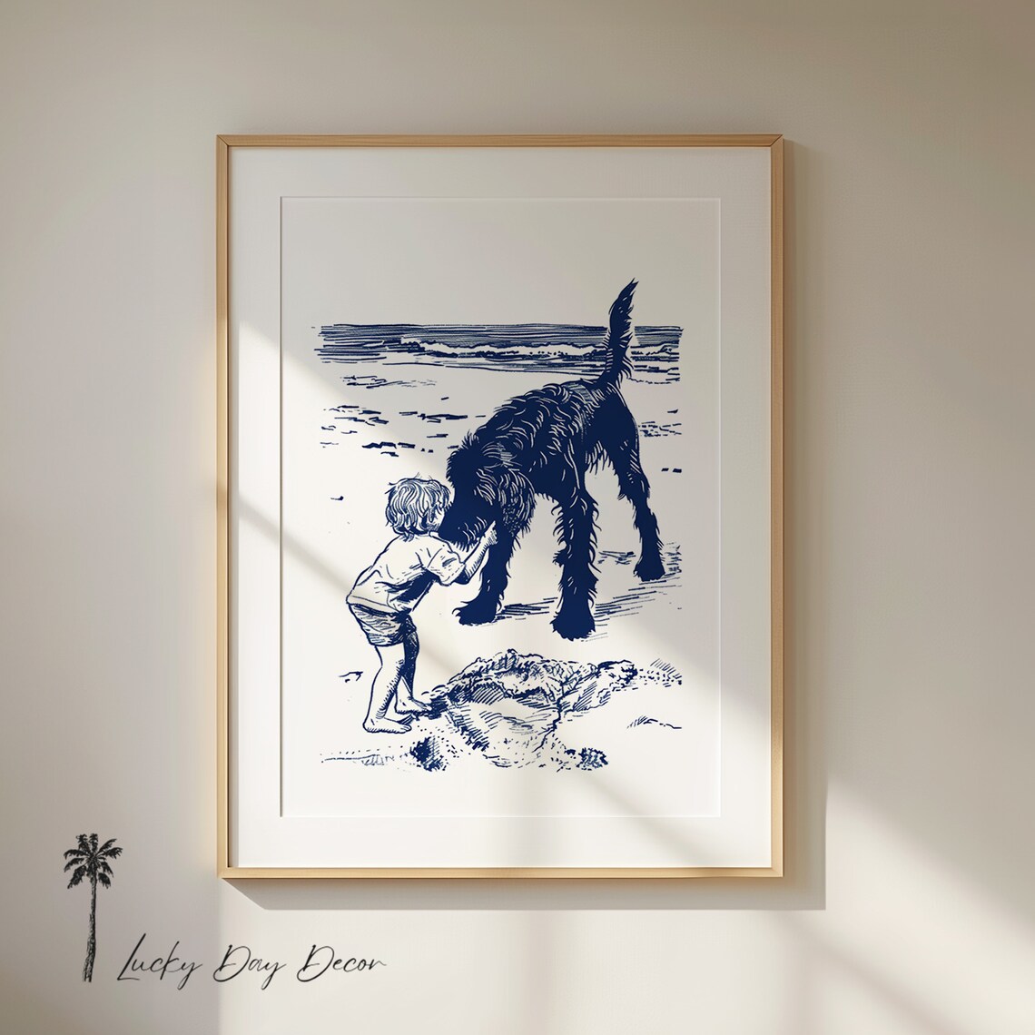 Happy Child Hugging Shaggy Dog On Beach Blue Line Coastal Poster