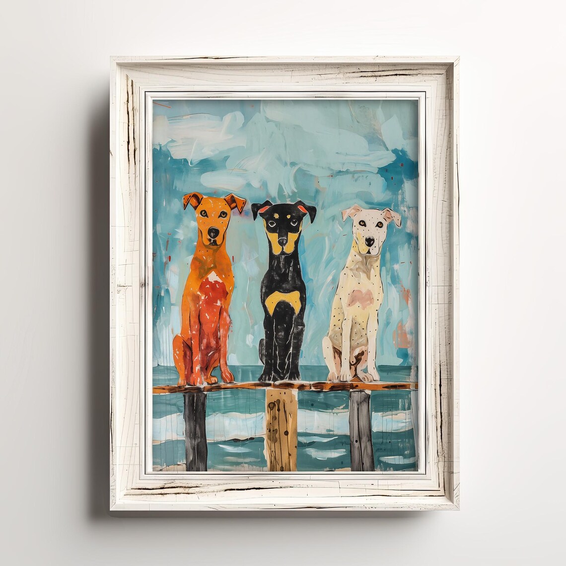 Three Dogs Boardwalk Coastal Beach Scene Whimsical Art Poster