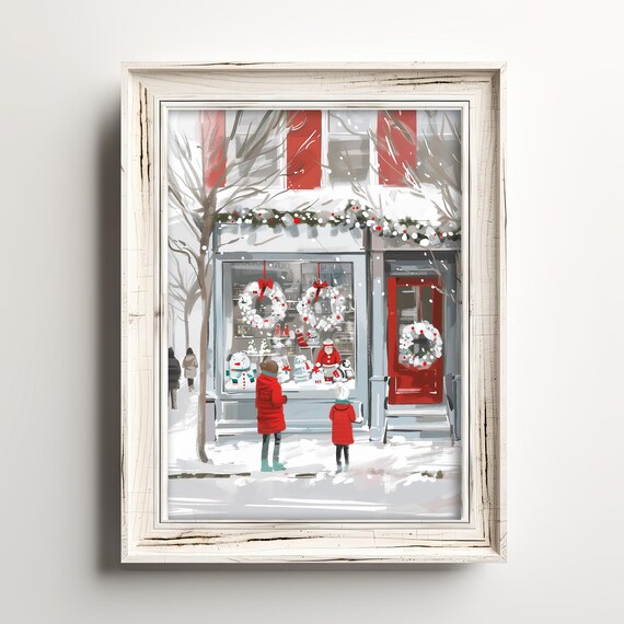 Christmas Window Shopping Snowy Vintage Holiday Storefront Poster
