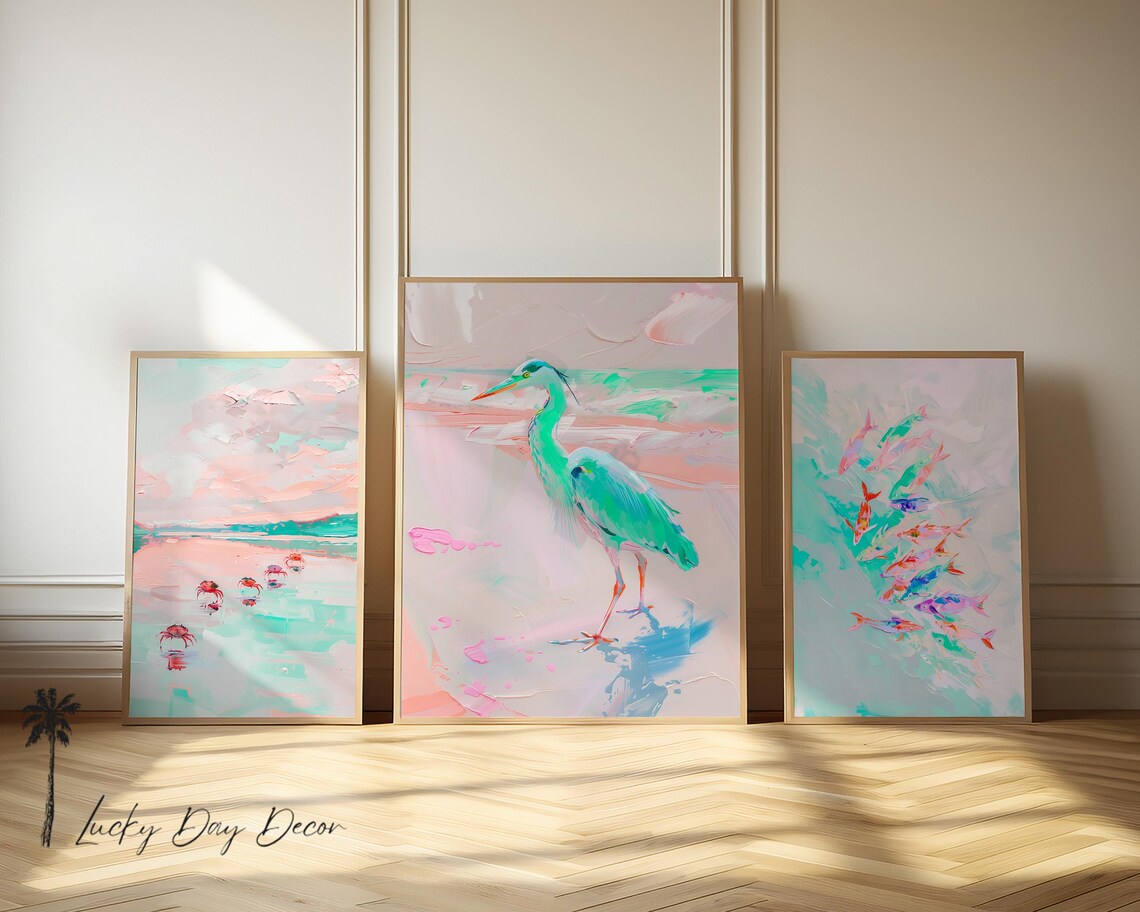 Pastel Coastal Trio Artwork Crabs Heron And Fish Beach Gallery Wall Poster