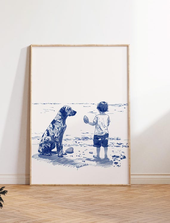 Boy And His Dog Beachside Charming Coastal Art Nursery Room Decor Vintage Adorable For Home