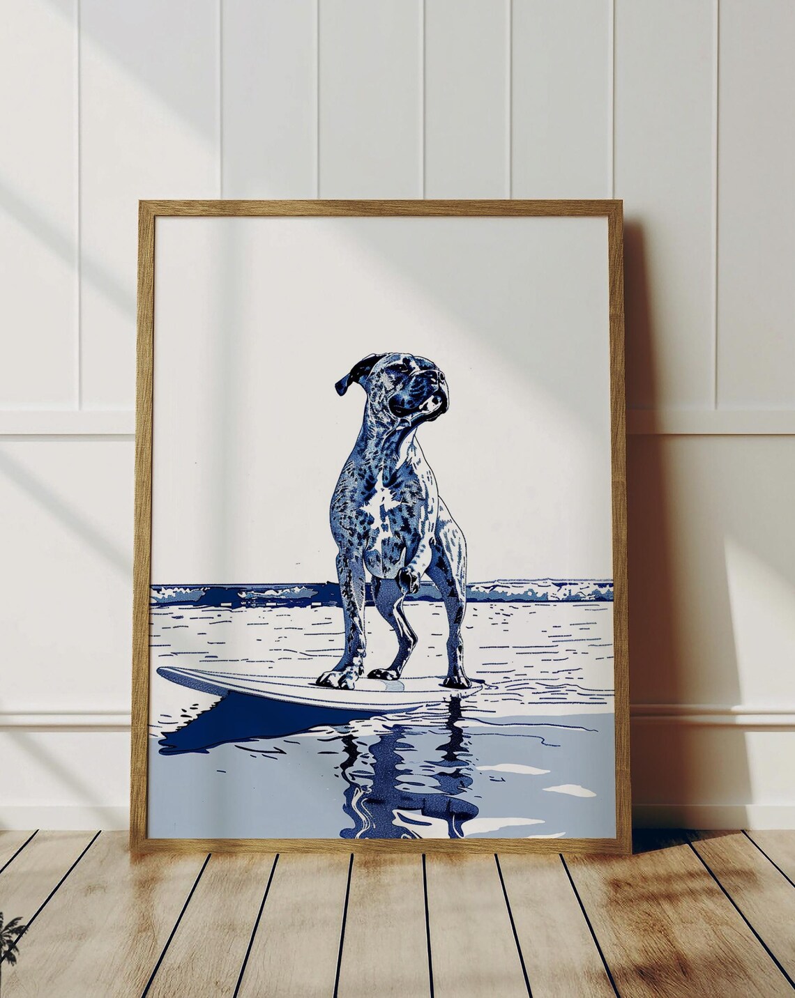 Spotted Dog Standing On Surfboard Navy Line Art Ocean Wave Beach Poster