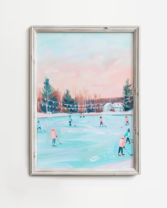 Pond Hockey Pastel Pink Winter Skaters String Lights Art Poster