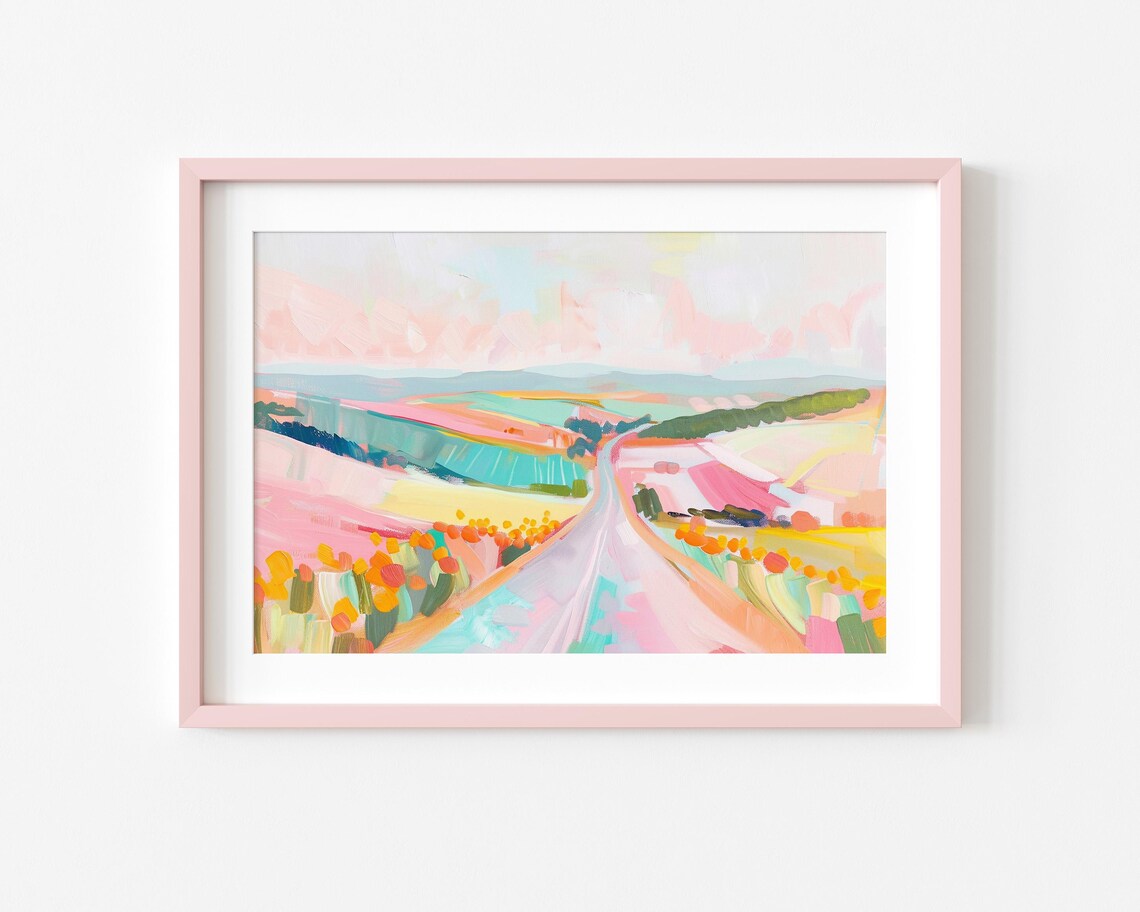 Colorful Valley Spring Poster Pastel Landscape Road Flowers Art