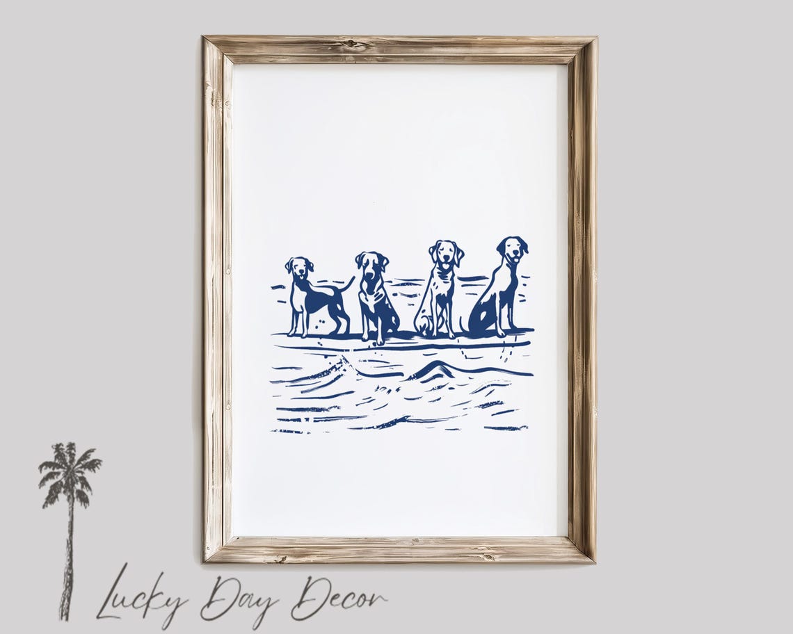 Four Beach Dogs Shoreline Blue Ink Minimal Coastal Dog Poster