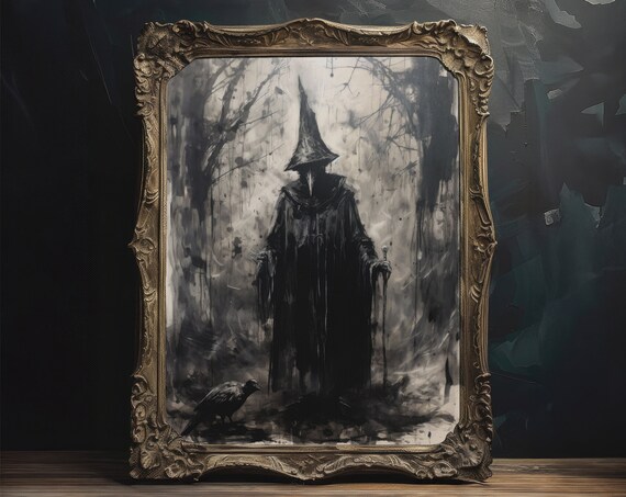 Haunted Dark Witch With Staff and Raven Ink Gothic Night Wall Art