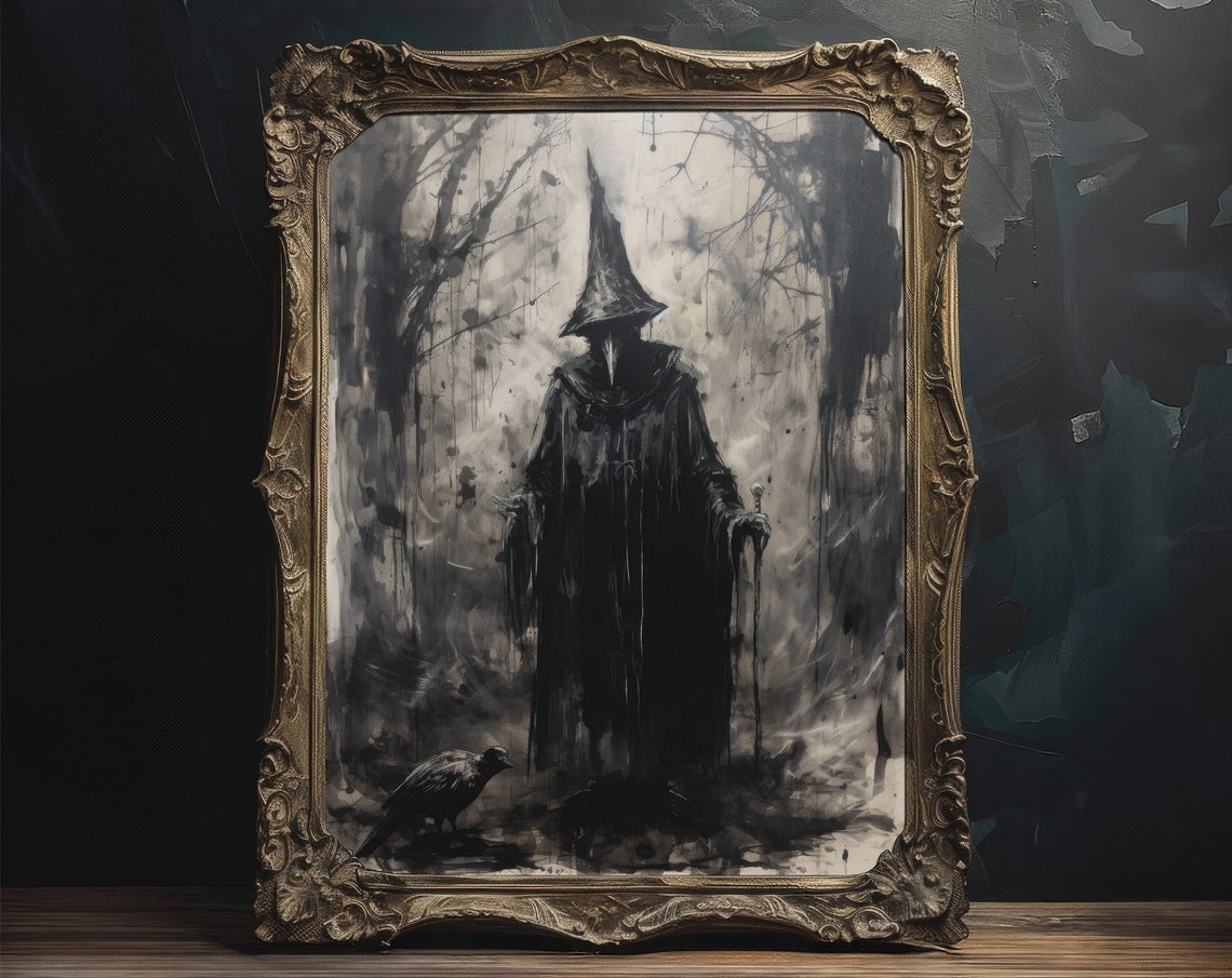 Haunted Dark Witch With Staff and Raven Ink Gothic Night Wall Art