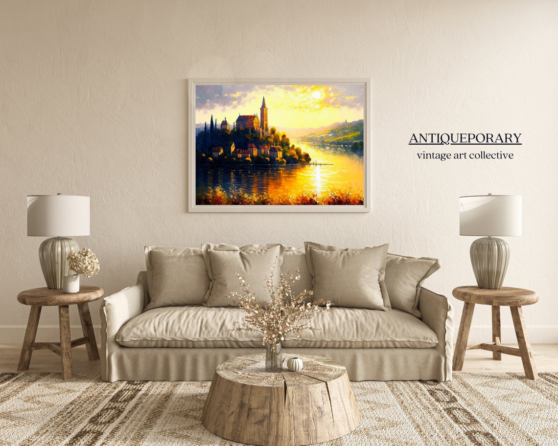 Sunset Hilltop Town Church Lake Golden Reflections Landscape Poster - Image 4