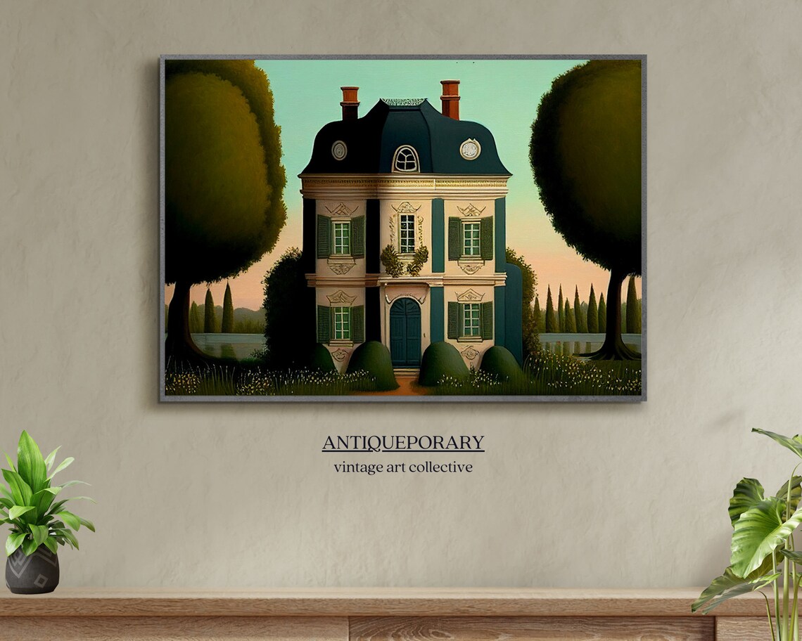 French Chateau Mansard Roof Cypress Trees Sunset Folk Art Poster - Image 5