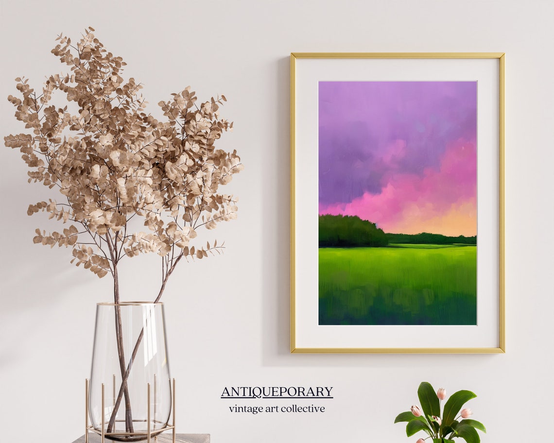 Abstract Green Meadow Sunset Sky Purple Modern Landscape Poster - Image 5