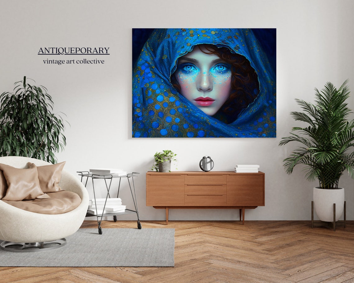 Mystical Woman in Blue Jeweled Veil Fantasy Portrait Art Poster - Image 5