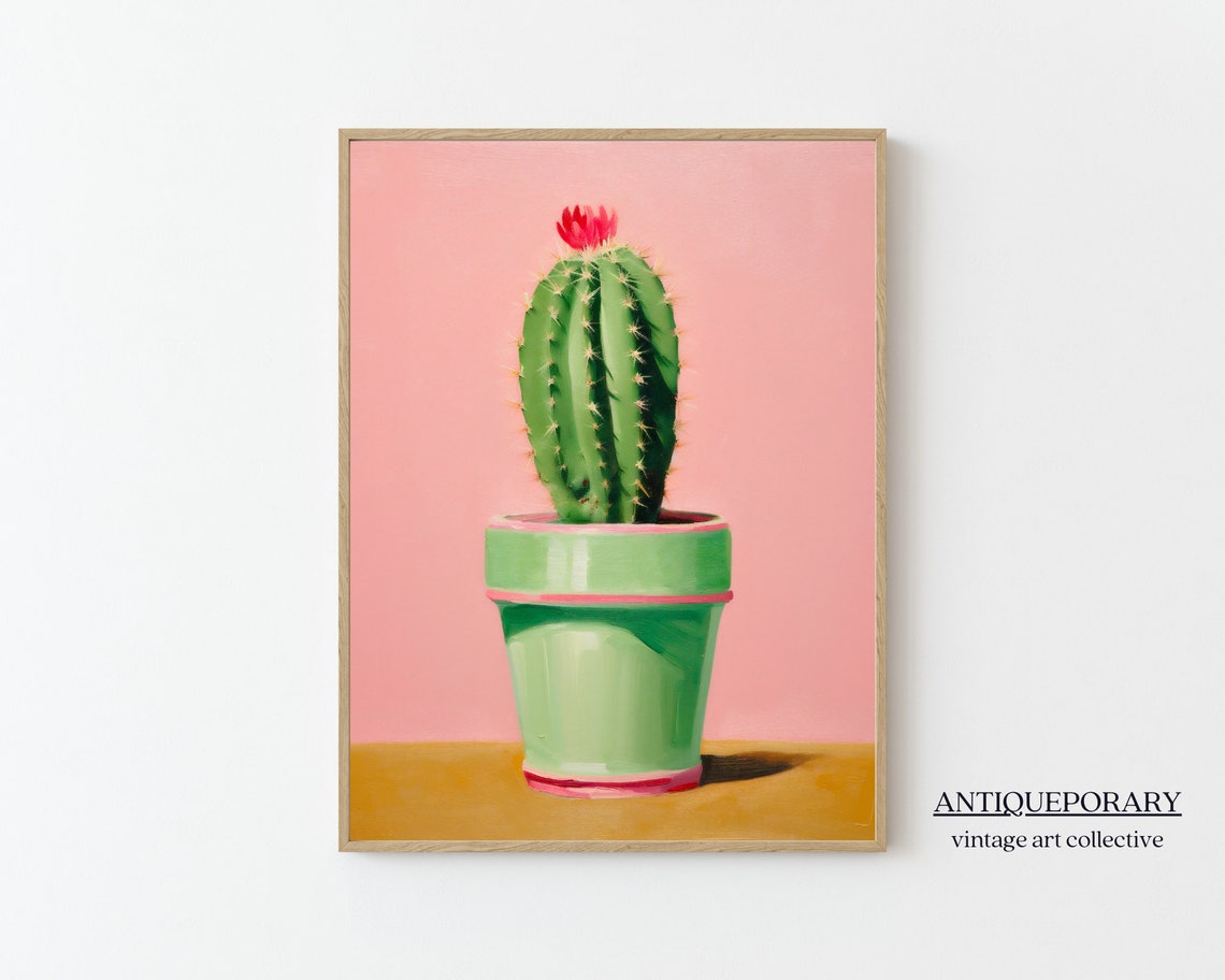 Minimalist Green Cactus Pink Background Modern Pop Art Poster