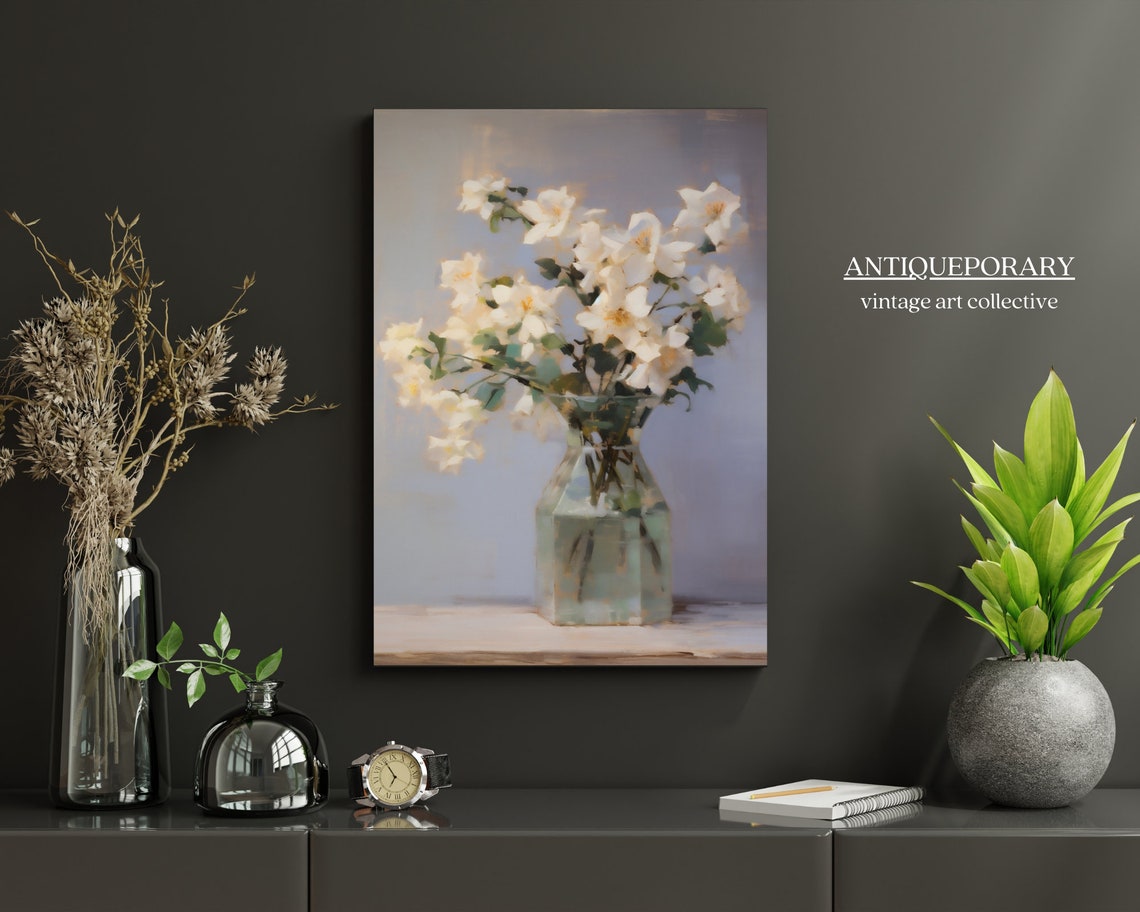 Cream White Jasmine Bouquet in Glass Vase Muted Vintage Poster - Image 5