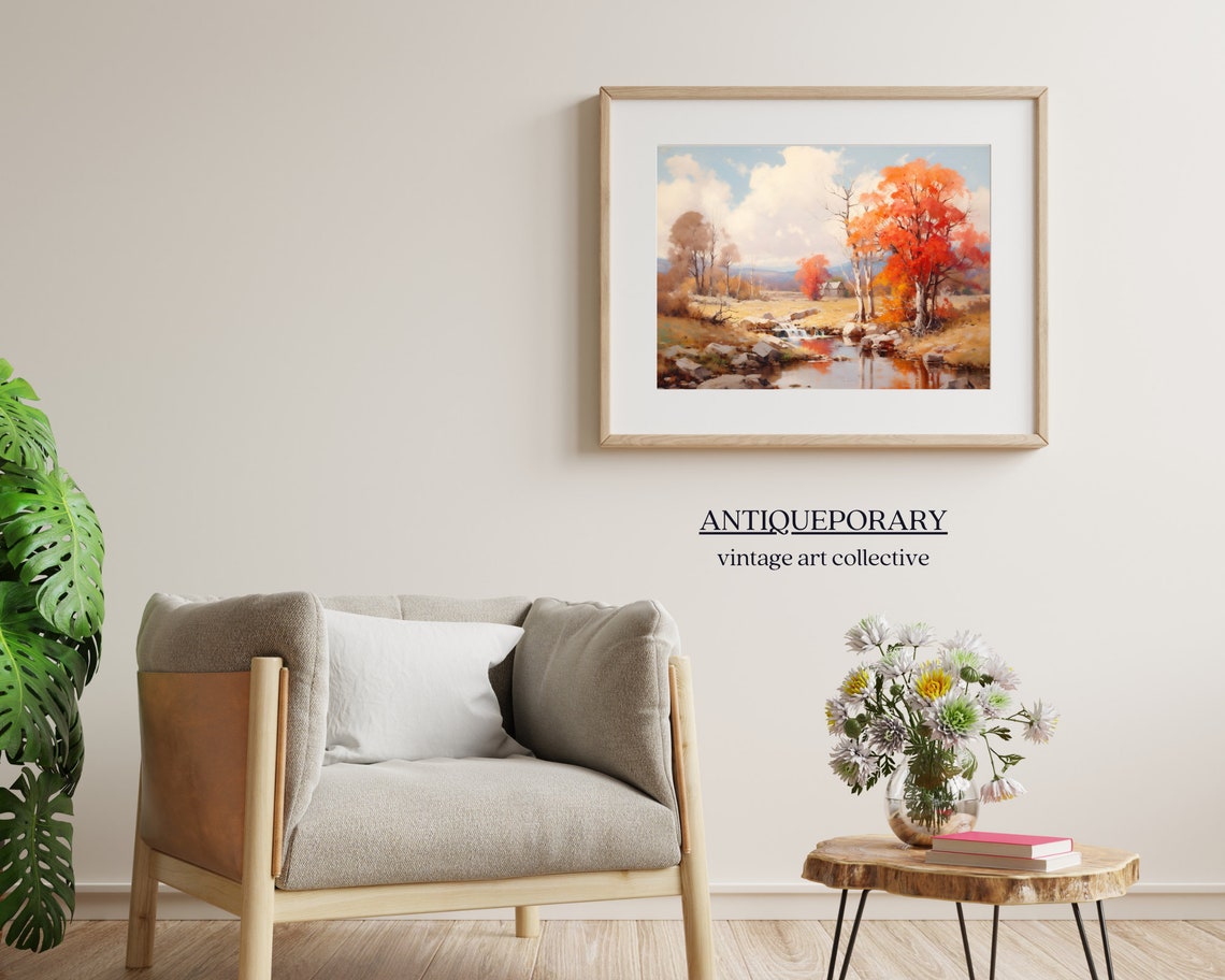 Autumn Creek Landscape with Red Trees Waterfall and Barn Poster - Image 6