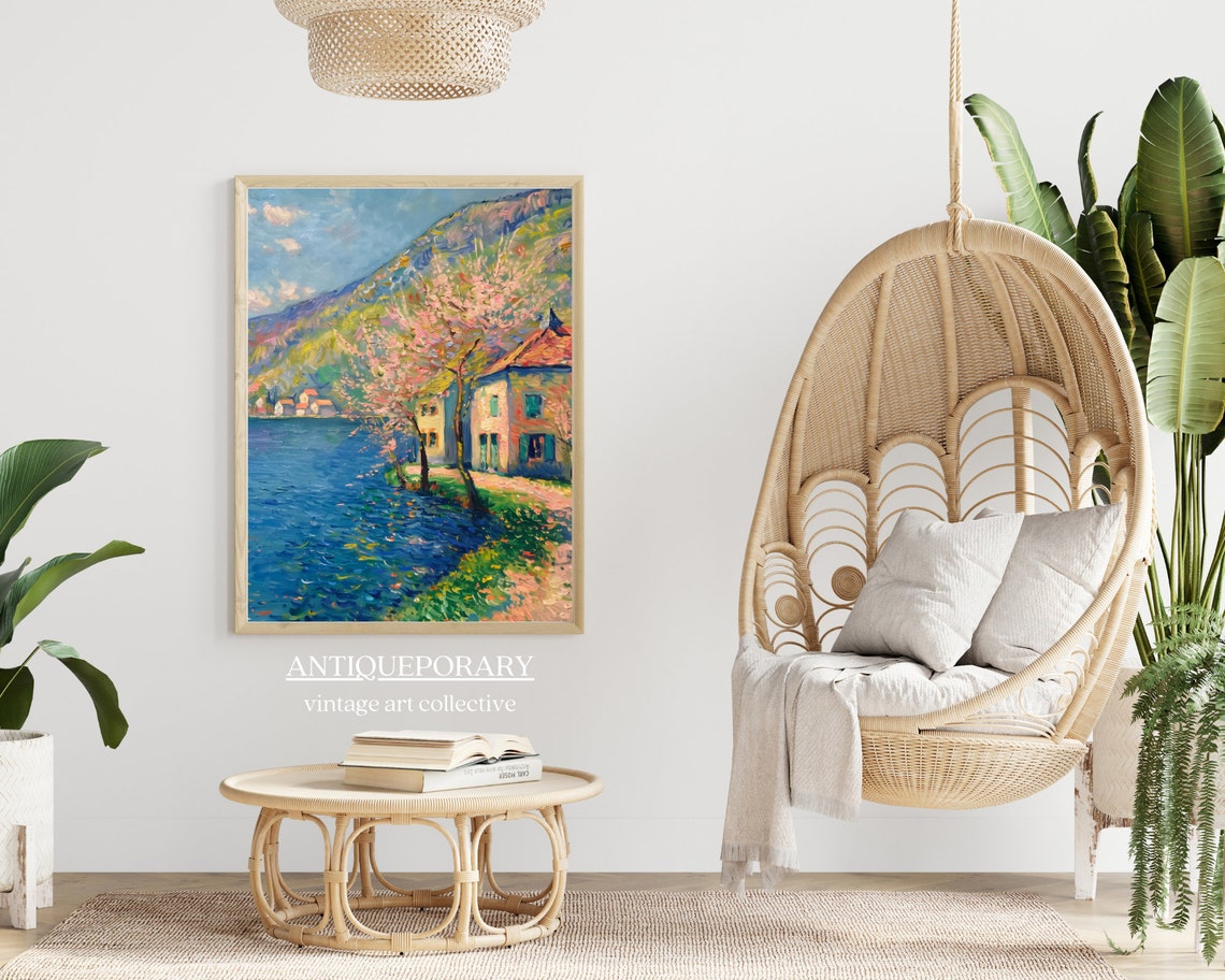 Spring Lakeside Village Blossom Impressionist Landscape Wall Art - Image 5
