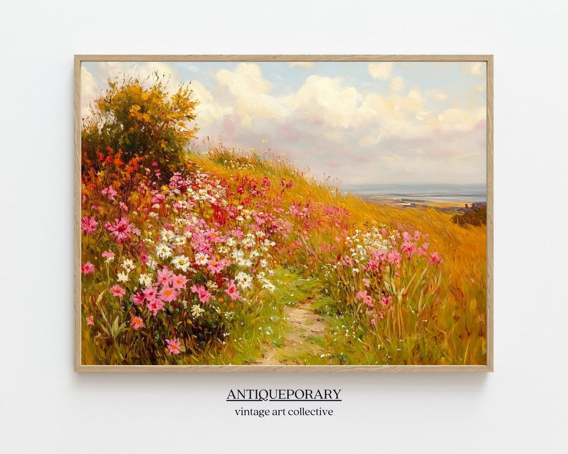 Wildflower Field Landscape Oil Painting Vintage Sunset Landscape Art Print Country Field Wall Art Nature Art