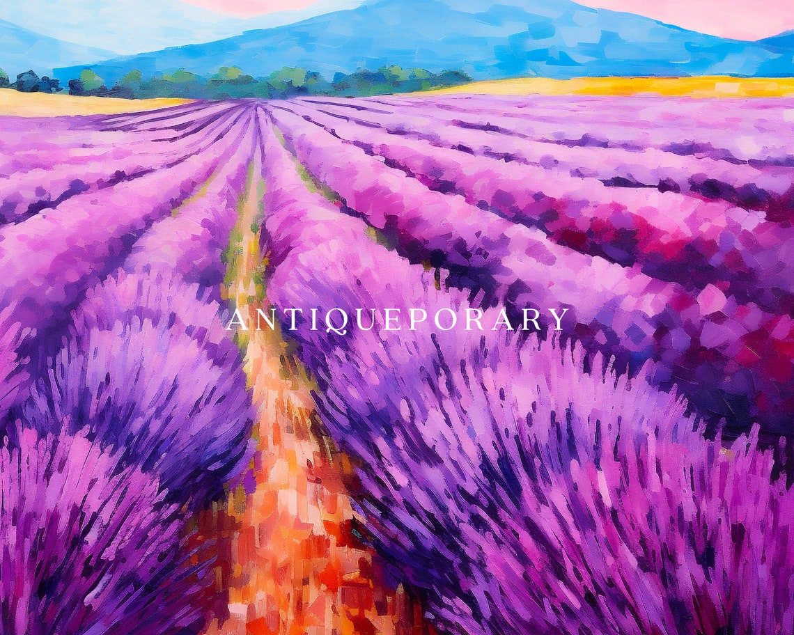 Lavender Field Rows Pink Sunset Landscape Mountain Painting Poster - Image 2