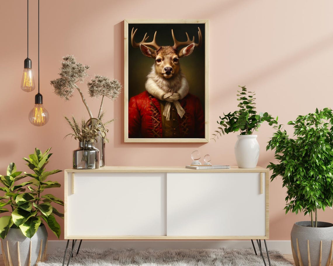 Royal Stag Antlers Red Brocade Victorian Coat Portrait Poster - Image 7